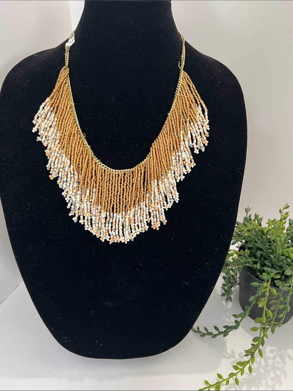 Gold tone and cream Beaded Fringe Statement  Necklace 11” drop